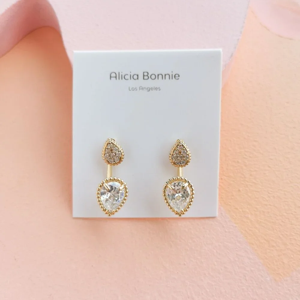 Alicia Bonnie - Dual Elegance White Crystal Gold Ear Jacket Earrings - NEW